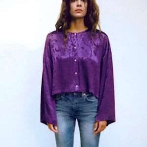 Zara Sold Out Purple Long Sleeve Rhinestone Button Jacquard Blouse Sz S